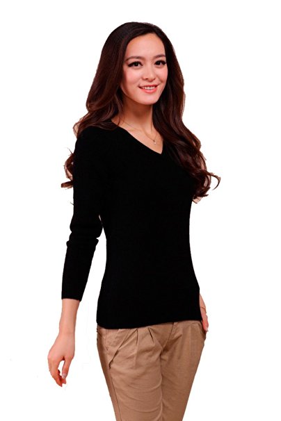 GetUBacK Womens Solid V-neck Slim Cashmere Pullover Sweater