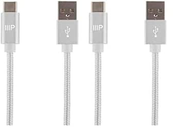 Monoprice USB 2.0 Type-C to Type-A Charge and Sync Nylon-Braid Cable - 1.5 Feet - White, Fast Charging, Up to 3 Amps/60 Watts - Palette Series (Pack of 2)