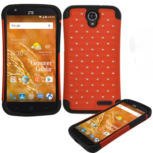 Phone Case for ZTE AVID 916 (Consumer Cellular) Studded Rhinestone Diamond Bling Cover Case   Stylus Pen (Red)