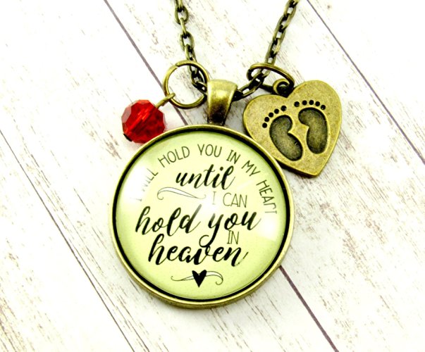 Baby Loss Necklace 'I Will Hold You In My Heart Until I Hold You in Heaven' Miscarriage Jewelry Infant Loss, Feet Heart Charm, Birthstone Month