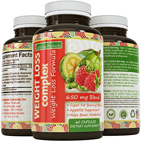 Natural Weight Loss Blend - Garcinia Cambogia   Raspberry Ketones   Green Coffee Bean - Boost Metabolism & Burn Body Fat - Antioxidant Rich - For Women & Men - 60 Capsules - By California Products