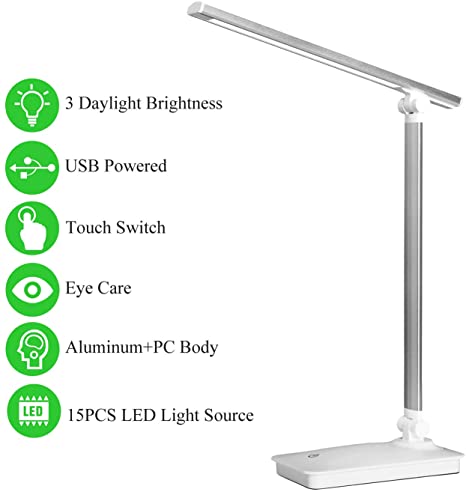 LED Desk Lamp, Eye-Caring Table Lamps,Office Lamp with USB Charging Port, Touch Control Function, USB Powered Lamp,Foldable Portable Lamp for Reading Studying Working,White,Himigo