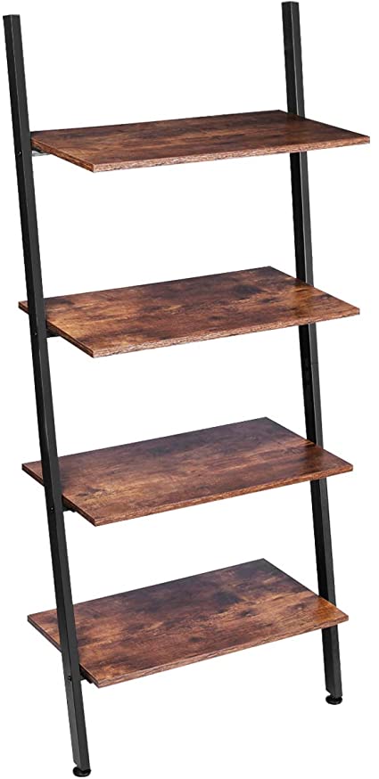 KINGSO Ladder Shelf 4-Tier Bookshelf Leaning Storage Rack Shelves for Living Room Kitchen Home Office Metal Frame Stable Sloping Industrial Ladder Shelfs Leaning Against The Wall Rustic Brown