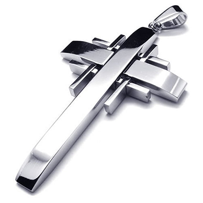 KONOV Polished Silver Stainless Steel Necklace Cross Mens Womens Pendant 24 inches Chain