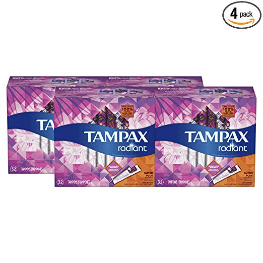 Tampax Radiant Tampons with Plastic Applicator, Super Plus Absorbency, Unscented, 32 Count, Pack of 4 (128 Count Total)