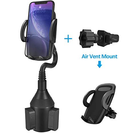 Cup Holder Phone Mount, VEGO Universal Adjustable Gooseneck 360 Degree Rotating Car Phone Mount with Air Vent Phone Holder Compatible for iPhone X Xs Max XR 8 7 6 Plus Galaxy, Black
