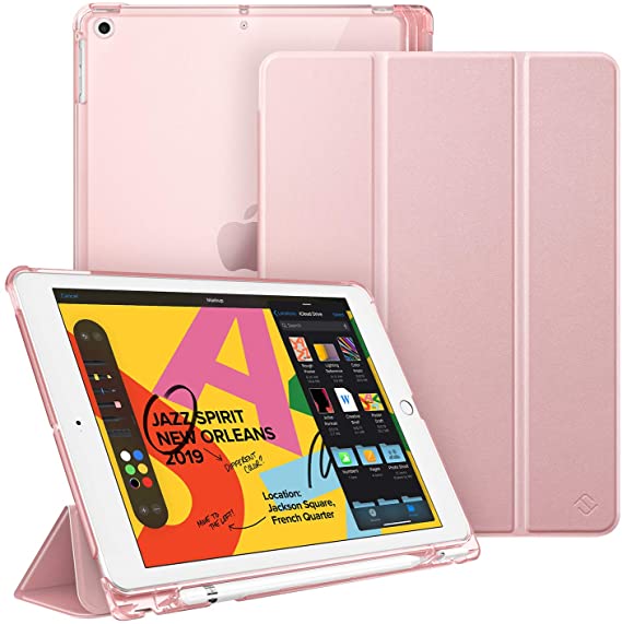 Fintie Case with Pencil Holder for iPad 7th Generation 10.2 Inch 2019 - Slim Shell Lightweight Cover with Translucent Frosted Stand Hard Back, Supports Auto Wake/Sleep for iPad 10.2", Rose Gold