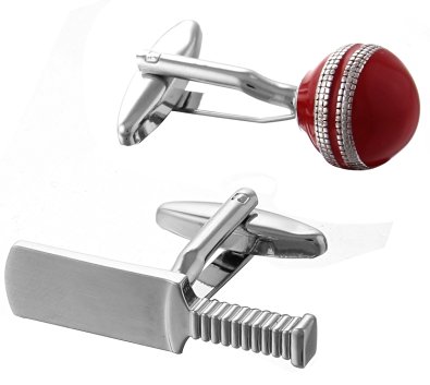 Code Red Men's Novelty Cricket Bat and Ball Rhodium Plated with Red Enamel Cufflinks
