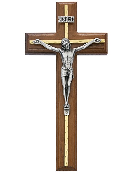 Wall Crucifix Cross In Walnut Wood With Gold Color Overlay And INRI 10 Inch