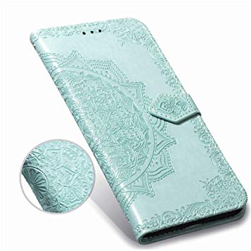 LG X Charge Case,LG X Power 2 / Fiesta 2 /Fiesta LTE / K10 Power Wallet Case,Henna Mandala Floral Flower PU Leather Flip Phone Protective Case Cover with Credit Card Slot Holder Kickstand,Mint
