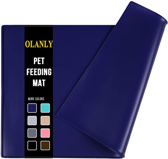 Olanly Pet Feeding Mat Food Grade Silicone Mat, BPA Free, Easy Clean, Dishwasher Safe, Waterproof, Raised Edges, Pet Dog Cat Bowl Mats Placemat Tray Mats 32" x 24", Navy