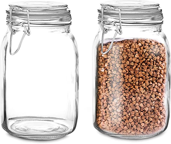 Set of 2 Large Glass Mason Jar with Lid (3 Liter) | Airtight Glass Storage Container for Food, Flour, Pasta, Coffee, Candy, Dog Treats, Snacks & More | Glass Organization Canisters 100 Ounces