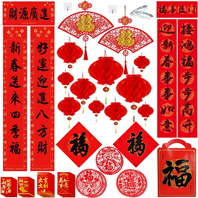 51 Set Chinese New Year Decorations Chinese Couplets Poem Scrolls Spring Chunlian Duilian FU Sticker Red Hong Bao Lanterns Chinese Character Paper Cutting Fu Ornament for Lunar Year of The Ox 2021