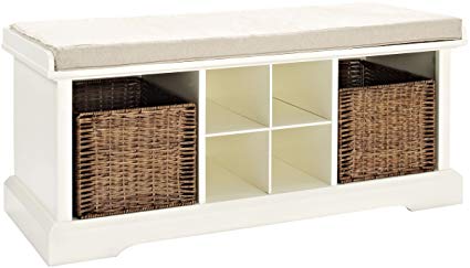 Crosley Furniture Brennan Entryway Storage Bench with Wicker Baskets and Cushion - White
