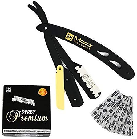 Black & Gold Combination Stainless Steel Barber Straight Edge Razor with Hi-Chromium Derby 100 Count Blades - Made of Platinum Stainless Steel - with Easy Blades Replacement Mechanism - Macs-045B1