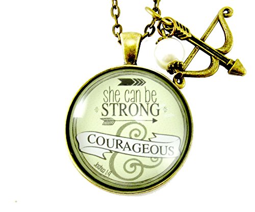 She Can Be Strong and Courageous Women's Christian 24" Necklace 1.20" Round Glass Chabby Chic Pendant, Bow Arrow Charm