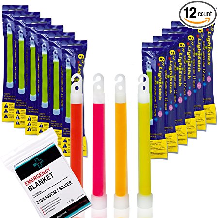 12-Pack Industrial Grade Neon Fluorescent Emergency Glow Sticks, Plus BONUS Emergency Blanket, Ultra Bright Light Sticks (4 Colors) with Up To 12 Hours Duration - Bulk Lightsticks For Adults And Kids