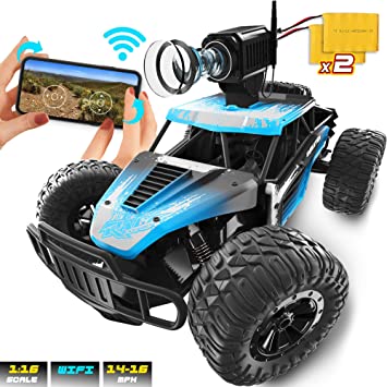 Remote Control Car with WiFi Camera - FPV 480p Video & Photo - 1:16, 16MPH, 2.4 GHZ with Phone App - RC Offroad Racing Rechargeable Battery Monster Truck for Boys, Kids, Adults - Great Gift