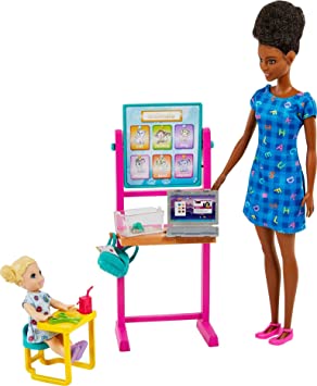 Barbie Teacher Doll (Brunette),Toddler Doll (Blonde), Flip Board, Laptop, Backpack, Toddler Desk, Pet Turtle, Great Gift for Ages 3 Years Old & Up