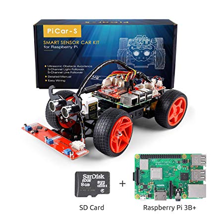 SunFounder Raspberry Pi Smart Robot Car Kit with RPi 3 Model B  and SD, PiCar-S Block Based Graphical Visual Programming Language Line Following Ultrasonic Sensor Light Following Module Electronic Toy