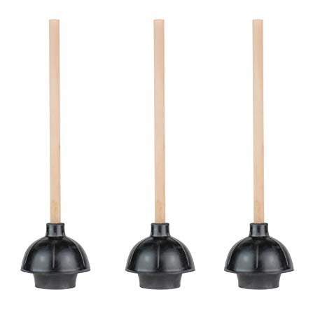 SteadMax Rubber Toilet Plunger, Double Thrust Force Cup, Heavy Duty, Commercial Grade with 18” Wood Handle (Pack of 3)