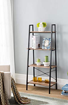eHomeProducts Reclaimed Oak Finish Metal Frame 4-tier Ladder Shelf Bookcase Bookshelf Accent, Plant Stand Storage Garden, Bathroom