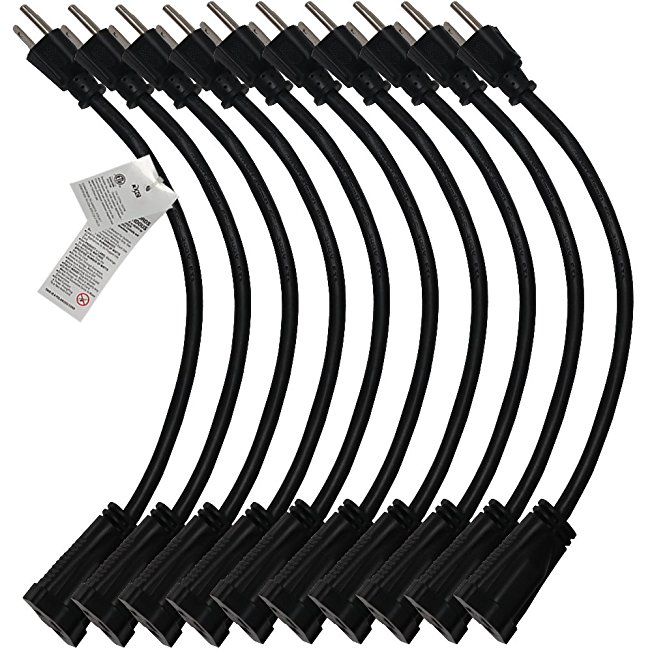 KMC Power Extension Cord 10-Pack,Outlet Saver,3 Prong ,1-Foot Cord, ETL Listed