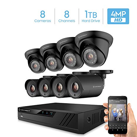 Amcrest UltraHD 4MP 16CH Home Security Camera System with 8 x 4-Megapixel Weatherproof Outdoor Security Cameras, 4MP DVR w/Pre-Installed 1TB Hard Drive, Night Vision, BNC Cables (AMDV40M8-4B4D-B)