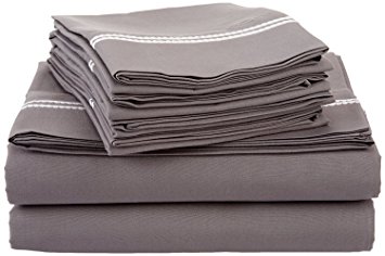 Super Soft, Light Weight, 100% Brushed Microfiber, Twin, Wrinkle Resistant, 4-Piece Sheet Set, Grey with White 2-Line Embroidery in Gift Box