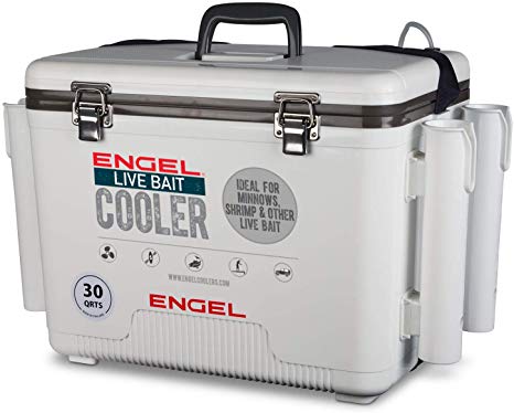 Engel Coolers Live Bait Cooler with Net & Four Rod Holders, White, 30Qt.