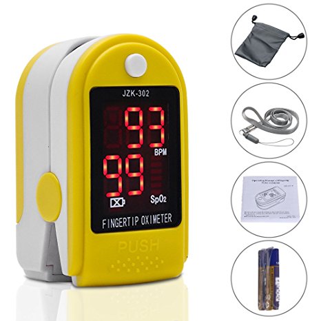 Fingertip Pulse Oximeter Heart Rate Monitor Blood Oxygen Saturation SpO2 Sensor LED Display with Carrying bag,Landyard & Battery(Yellow)