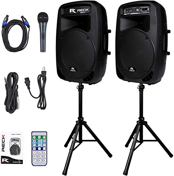 Proreck Dance 15 Portable 15-Inch 2000 Watt 2-Way Powered PA Speaker System Combo Set with Bluetooth/USB/SD Card Reader/FM Radio/Remote Control/LED Light