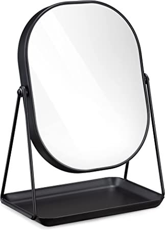 Navaris Free Standing Makeup Mirror - Large Cosmetic Vanity Mirror for Bathroom, Dressing Room, Bedroom Table or Desk with Large Tray Stand - Black