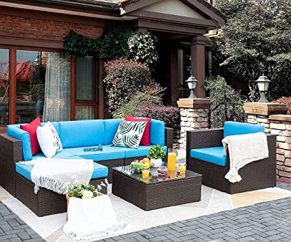 Flamaker 6 Pieces Patio Furniture Set Outdoor Sectional Sofa Outdoor Furniture Set Patio Sofa Set Conversation Set with Cushion and Table (Blue)