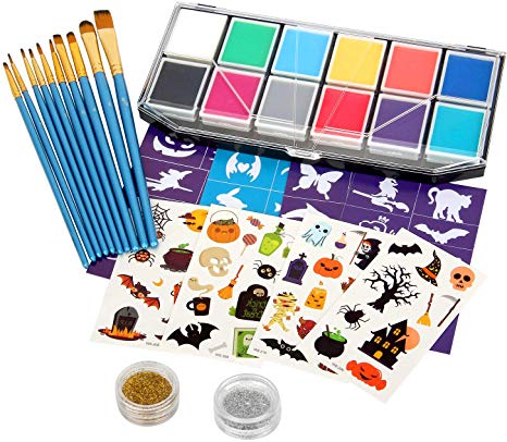 Face Paint Kit for Kids, Professional Face Painting Palette, 12 Colors Washable Paints 2 Glitters 40 Reusable Stencils 40 Body Stickers and 10 Brushes Safe Body Face Paints Halloween Makeup Paint