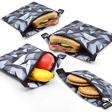 Nordic By Nature Sandwich bags (Black & Grey) Reusable Sandwich & Snack Bags | Extra Foil Layer For Better Hygiene | Designer Set of 4 Pack | Resealable, Reusable and Eco Friendly Dishwasher Safe Bags