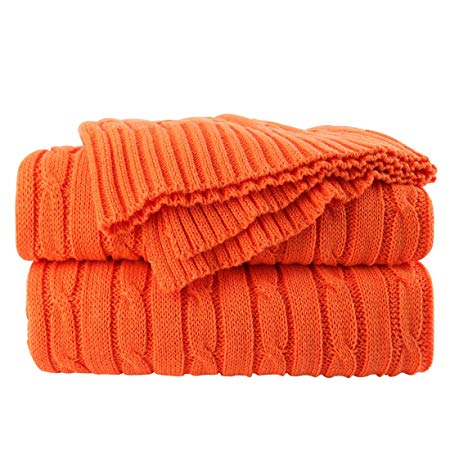 Sourcingmap 100% Cotton Knitted Throw Blanket Soft Warm Cable Knit Throw Rug Decorative Blanket for Sofa/Couch/Bed,Orange,47 x 70 Inches