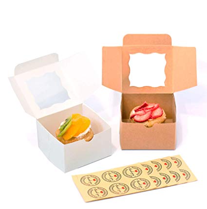 Technilyx Bakery boxes with window 4x4x2.5 inch-25 Pack.Eco-Friendly Paper board-Gift Packaging Boxes,Thick,Sturdy for Pastries, Cookies, Small cakes, Cupcakes, Donuts. NOW WITH"THANK YOU" STICKERS