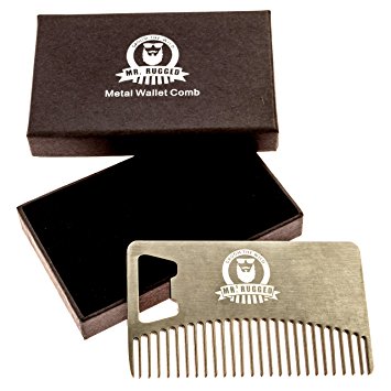 Mr Rugged Compact Stainless Steel Beard Comb - Credit-Card Sized Metal Comb Fits in Your Wallet for Use on the Go - Bottle Opener Built-in