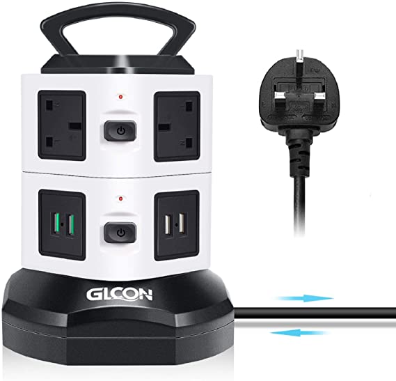 GLCON Tower Power Strip Extension Lead Surge Protector 2500W 10A with 4 pcs USB Ports (3.1A) 6 Way Outlets 3M / 9.8ft Multi Plug Individual Switches Electric UK Plug Vertical Socket, Black