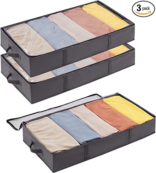 Lifewit Under Bed Storage Bag Organizer with Reinforced Handle Thick Fabric Clear Window Large Capacity Foldable Underbed Storage Container for Clothes Blankets Set of 3 Organization and Storage, Grey