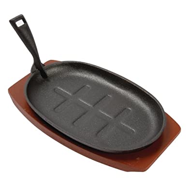 Vogue Olympia Cast Iron Oval Sizzler With Wooden Stand Large 280X190mm Dish