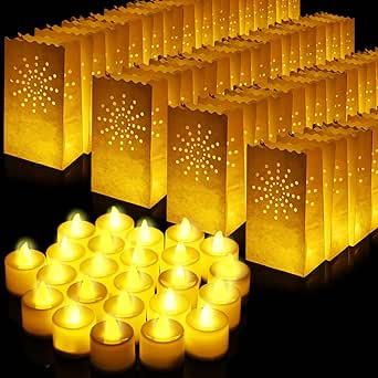 50 Set Luminary Paper Bags with Flameless Tea Lights, Christmas LED Tea Light Flameless Candle with Luminaries Candle Bag for Birthday Wedding Halloween Christmas Thanksgiving Party Decor (Sun)