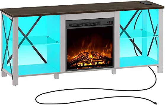 Rolanstar Fireplace TV Stand 55" with Led Lights and Power Outlets, Entertainment Center with Adjustable Glass Shelves, TV Console for TVs up to 65", White