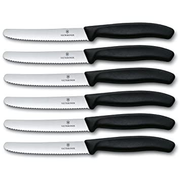 Victorinox Swiss Classic Stainless Steel Tomato and Table Kitchen Knife Wavy Edge 6 Pieces Set 11 cm Black Swiss Made (6.7833.6)