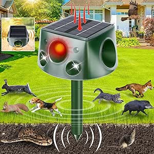 Solar Ultrasonic Animal Repeller, 2024 New 4 Sided 360° Cat Repellent Outdoor with 7 Modes Adjustable, IP66 Waterproof, Double-Sided Flashing Light & Ultrasonic Speaker for Cat Squirrel Bird Dog Deer