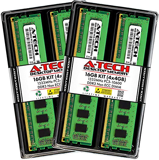 A-Tech 16GB (4 x 4GB) DDR3 1333MHz PC3-10600 Desktop RAM Kit | Non-ECC Unbuffered DIMM 240-Pin Memory Upgrade Modules