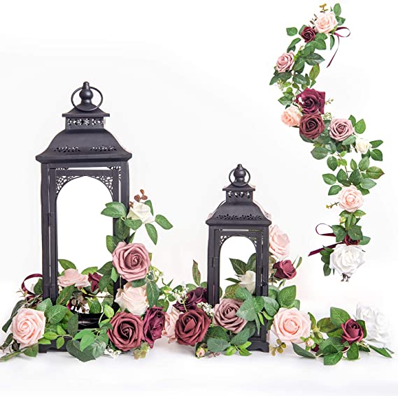 Ling's moment Handcrafted Rose Flower Garland Floral Arrangements Pack of 6 for Wedding Table Centerpieces Floral Runner Lantern Wreath Decorations (Burgundy  Blush))