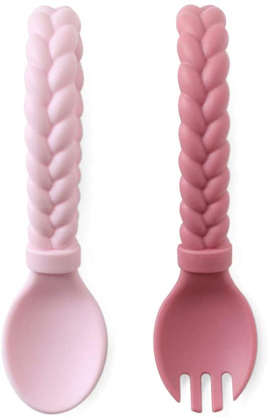 Itzy Ritzy Silicone Spoon & Fork Set; Baby Utensil Set Features A Fork and Spoon With Looped, Braided Handles; Made of 100% Food Grade Silicone & BPA-Free; Ages 6 Months and Up