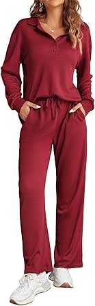 Ekouaer Waffle Knit Pajamas Set for Women 2 Piece Outfits Long Sleeve Button Top and Wide Leg Pant with Pockets Loungewear